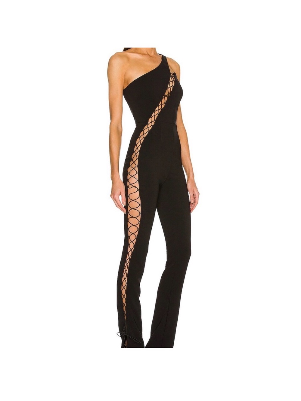Asymmetric One-Shoulder Black Lace-Up Side Jumpsuit
